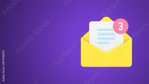 Incoming three message open paper yellow envelope with letter digital alert reminder 3d icon vector © provectors