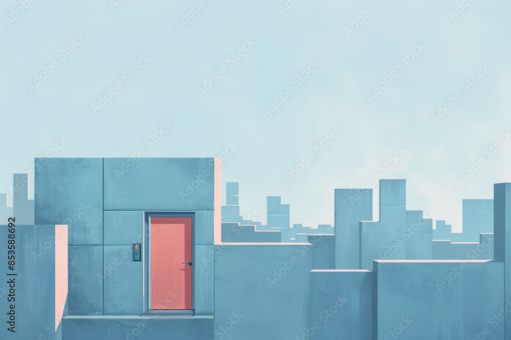 Obraz premium A simple, minimalist cityscape with flat, geometric buildings. In the middle of the city, a single door stands out, perhaps in a different color, emphasizing its significance amidst the uniformity