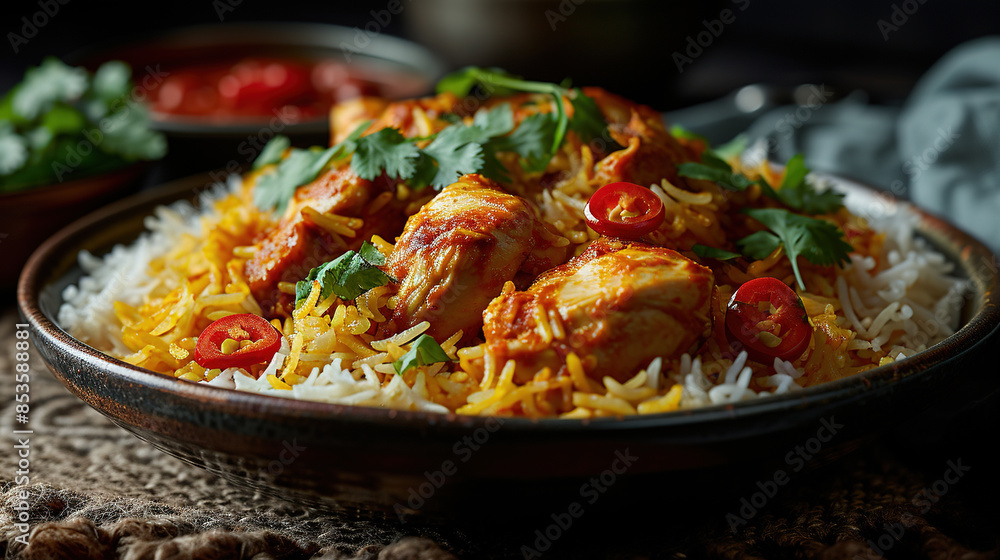 Aromatic Indian Biryani With Fiery Chicken Bokeh Blur Aromatic Indian Biryani With Fiery Chicken Bokeh Blur