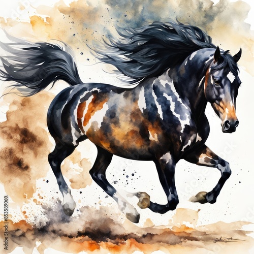 illustration of a galloping black horse, ink painting, watercolor, and abstract on a white background.