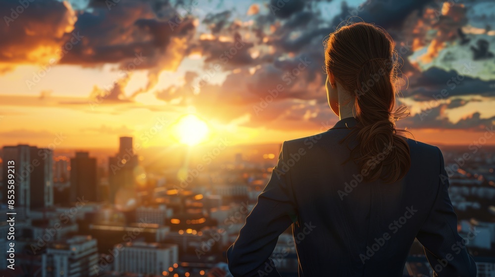 Fototapeta premium The woman and sunset skyline
