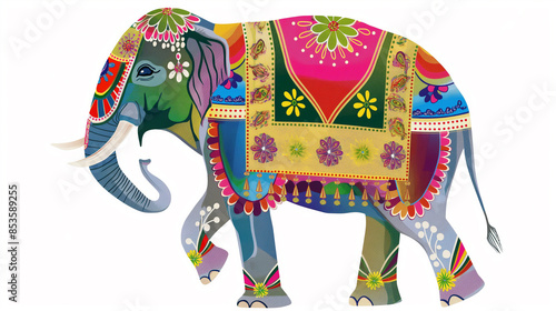 A colorful elephant with a colorful blanket on its back