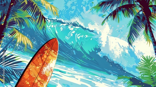 Abstract Tropical Beach Scene with Surfboard photo
