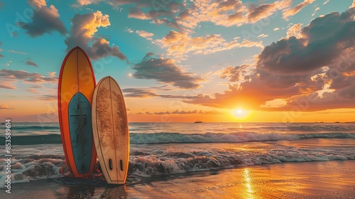 Surfboards Silhouetted Against Sunset Beach photo