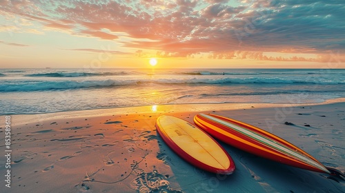 Evening Glow: Surfboards on Sandy Shore photo