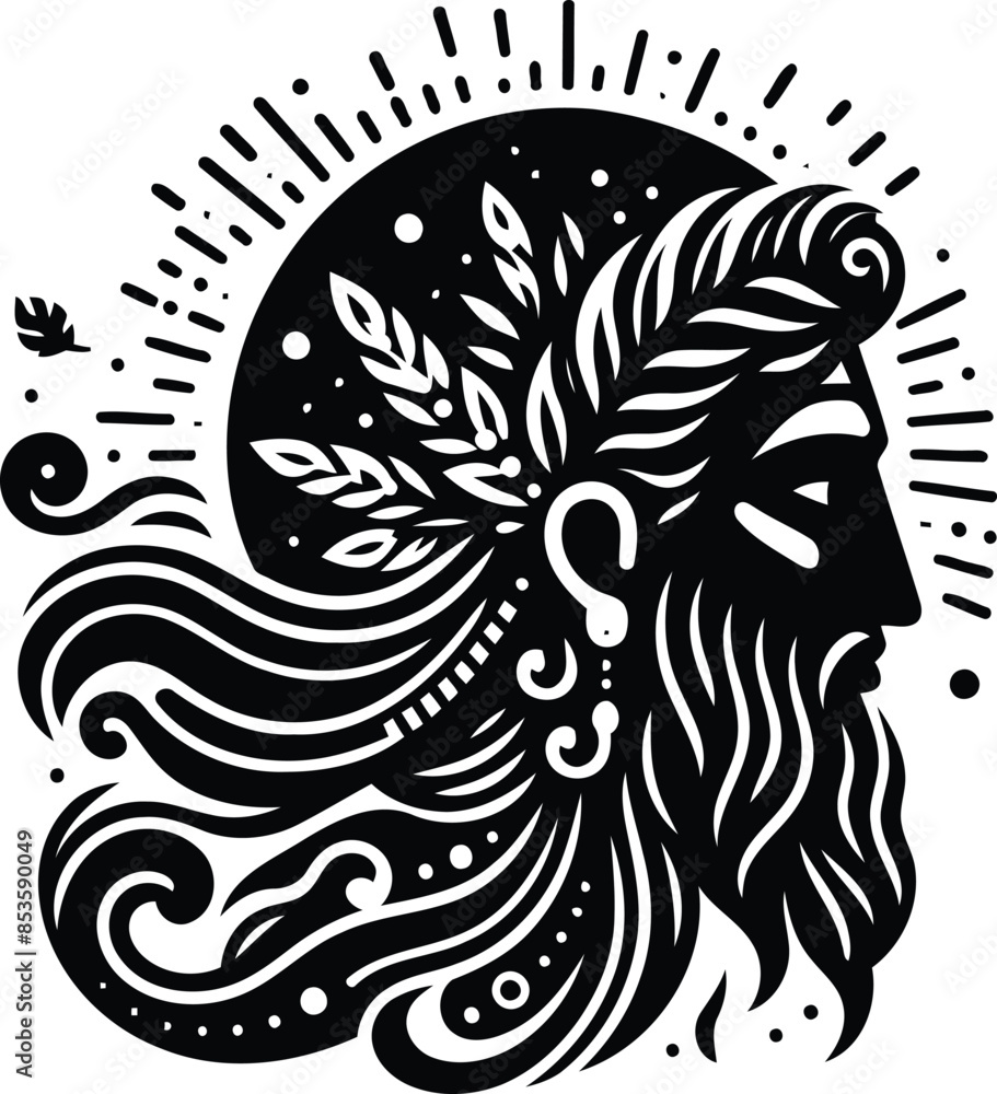poseidon in silhouete with bohemian nature pattern illustration poseidon in silhouete with bohemian nature pattern illustration