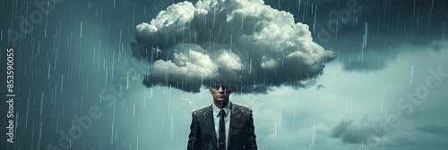 Businessman, standing under rain, pessimistic man under cloud, sad business man, unlucky, misfortune