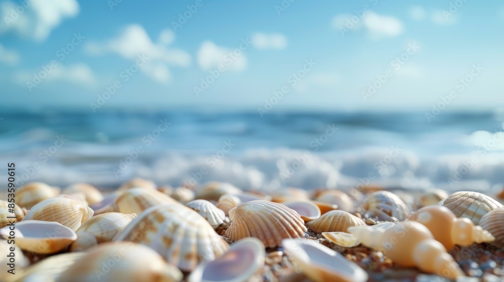 Seashells on Sandy Beach with Ocean and Sky in the Background. Seashells on Sandy Beach with Ocean and Sky in the Background.