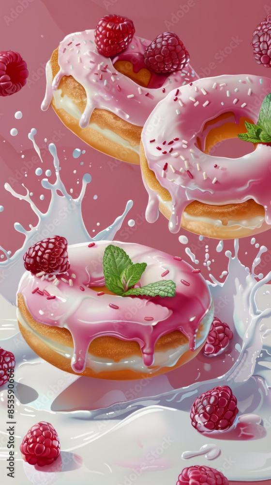 Obraz premium Dynamic Pink Doughnut with Raspberries Splashing