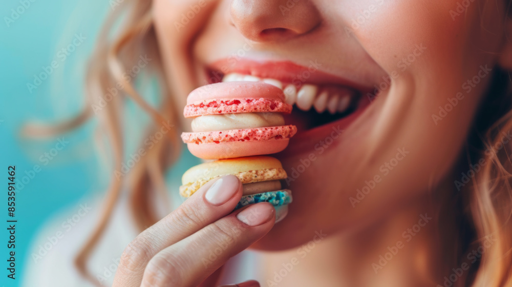 Naklejka premium Joyful Woman Enjoying Colorful Macarons Close-Up