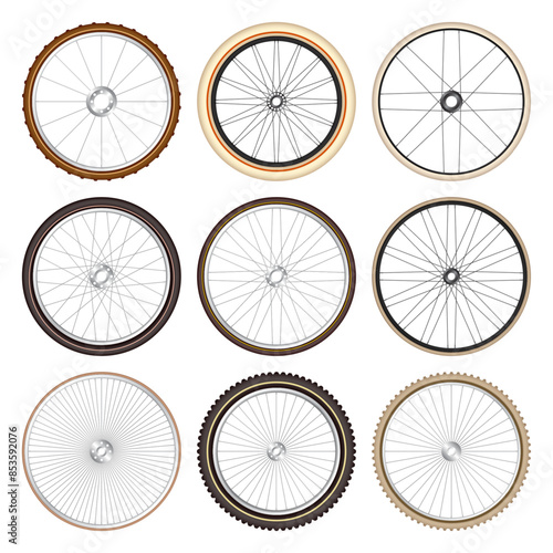 Realistic 3d retro bicycle wheels. Vintage bike rubber tyres, shiny metal spokes and rims. Fitness cycle, touring, sport, road and mountain bike. Vector illustration