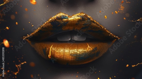 A woman's face with gold lips and a black background photo