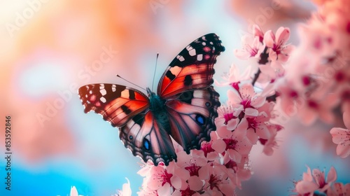 A butterfly is perched on a pink flower © Tatiana