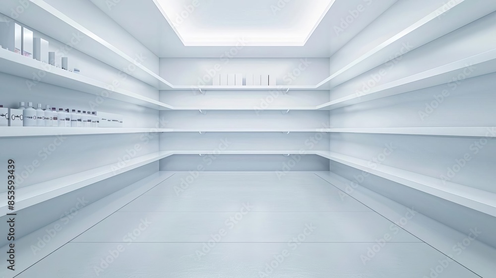 Empty white room with shelves, minimalist design. Empty white room with shelves, minimalist design.