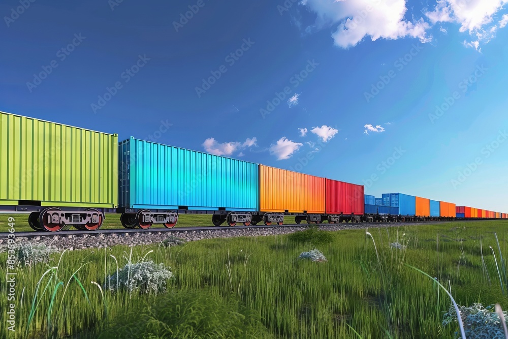 Colorful Containers on Freight Train. Beautiful landscape with blue sky and green field. Conceptual image for logistics and transportation themes. Vibrant color palette. Generative AI Colorful Containers on Freight Train. Beautiful landscape with blue sky and green field. Conceptual image for logistics and transportation themes. Vibrant color palette. Generative AI