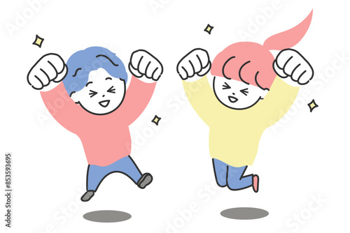 笑顔で拳を突き上げながらジャンプする男の子と女の子　にっこり