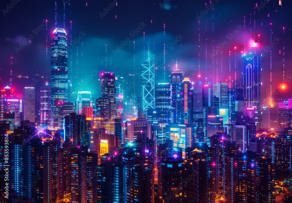 Fototapeta premium A futuristic smart cityscape at night, with buildings lit up by colorful lights and interconnected by digital networks, showcasing the role of technology in urban business environments