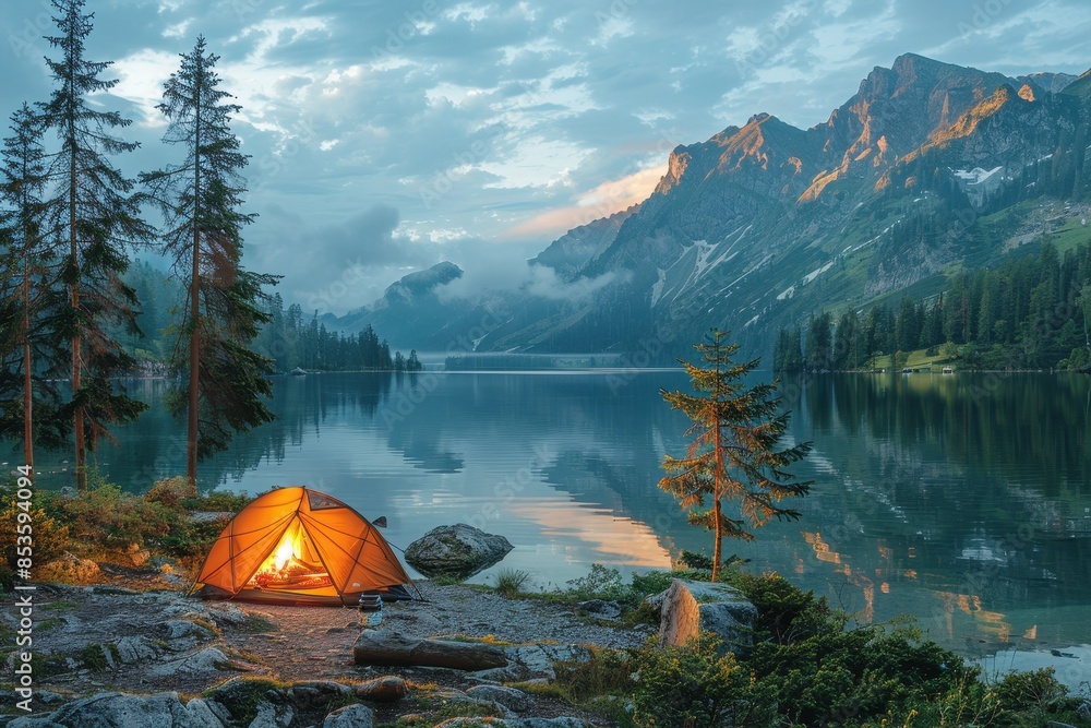 A cozy campsite by a lake, with a tent, campfire, and mountains reflected in the still water. A cozy campsite by a lake, with a tent, campfire, and mountains reflected in the still water.