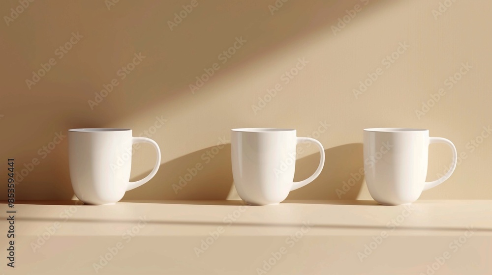 Serene Minimalism: Trio of White Mugs on Beige Background. Generative AI Serene Minimalism: Trio of White Mugs on Beige Background. Generative AI