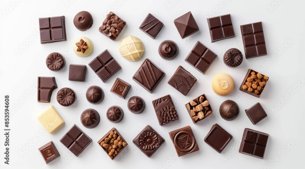 A large selection of gourmet chocolates in various shapes, flavors, and confections displayed neatly A large selection of gourmet chocolates in various shapes, flavors, and confections displayed neatly