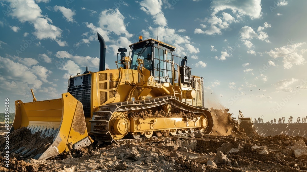 Detailed image of a bulldozer with soil on the blade, working on a construction site with. Detailed image of a bulldozer with soil on the blade, working on a construction site with.