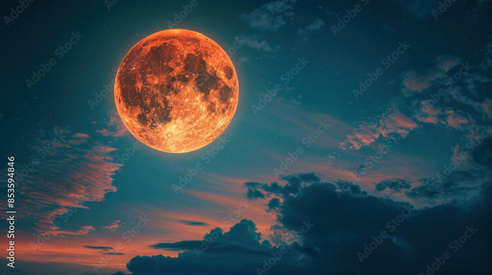 Fototapeta premium A full moon, known as a blood moon, hangs in a dark sky with wispy clouds.