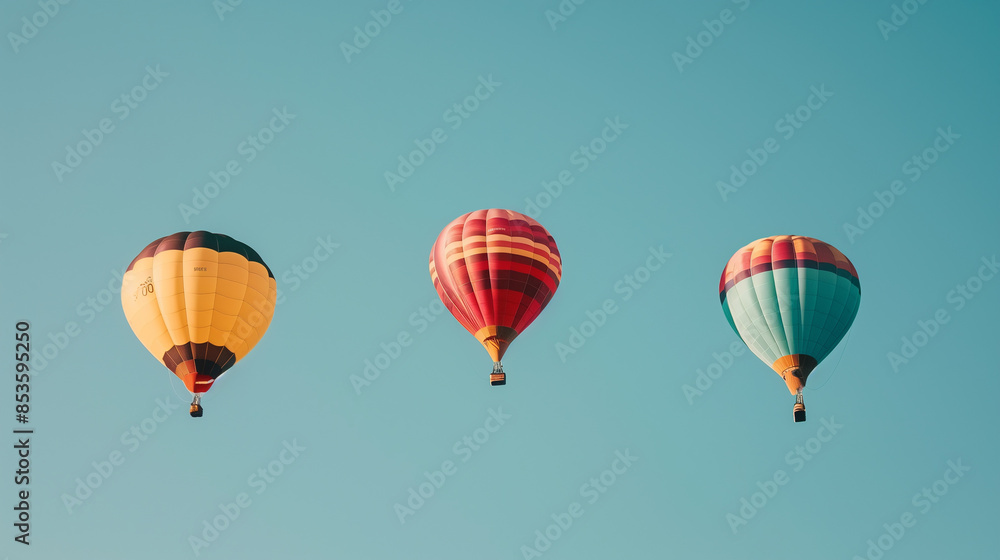Fototapeta premium Three hot air balloons are flying in the sky, with one of them being red and blue. The sky is clear and blue, and the balloons are soaring high above the ground. Concept of freedom and adventure