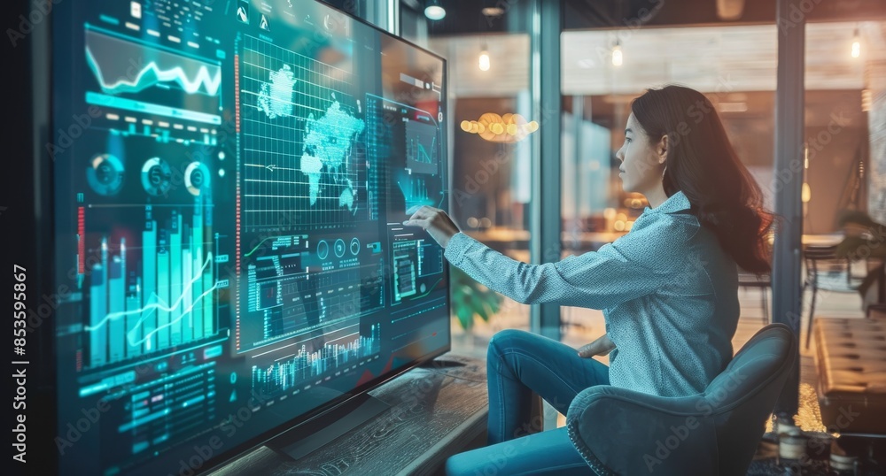 Woman sitting at a computer. IT engineer is working on an advanced AI system in the control room of her company, while watching real-time data curves displayed on large screens in front of her. Woman sitting at a computer. IT engineer is working on an advanced AI system in the control room of her company, while watching real-time data curves displayed on large screens in front of her.