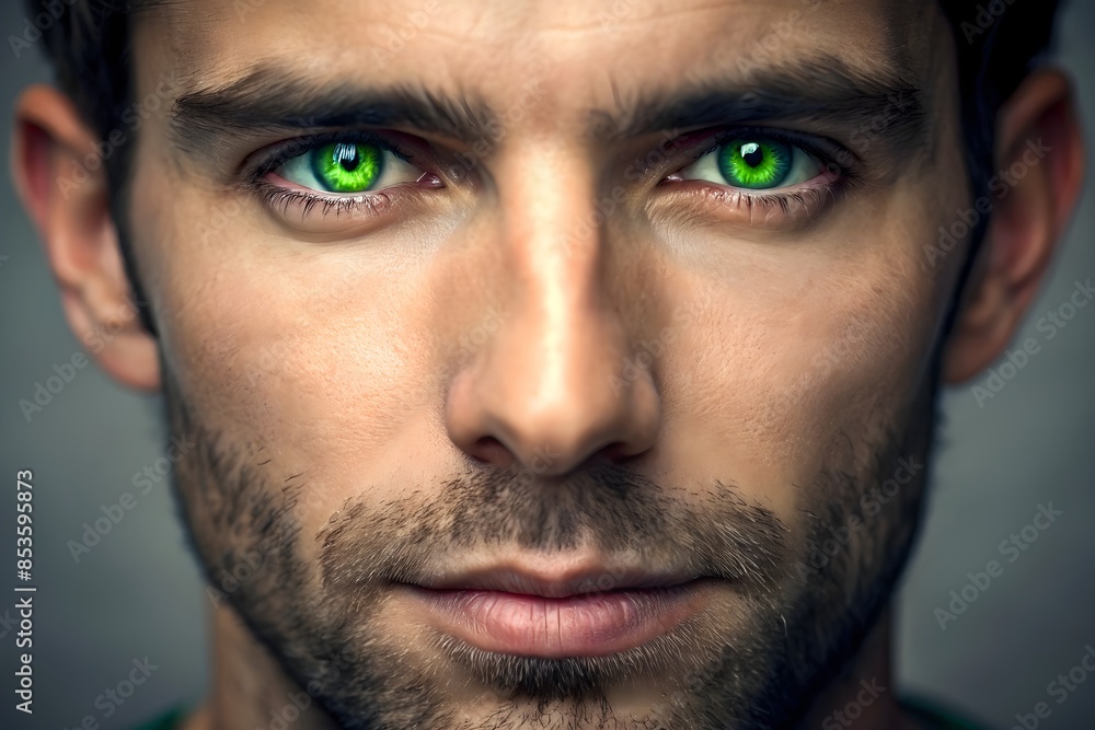 A Handsome Man With Green Eyes Stares At The Camera With An Intense Expression. A Handsome Man With Green Eyes Stares At The Camera With An Intense Expression.