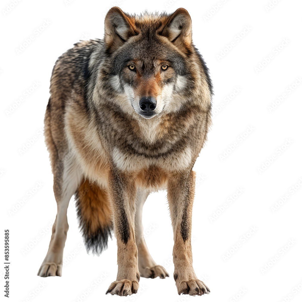 Gray wolf standing and looking forward on transparent background clipart Gray wolf standing and looking forward on transparent background clipart