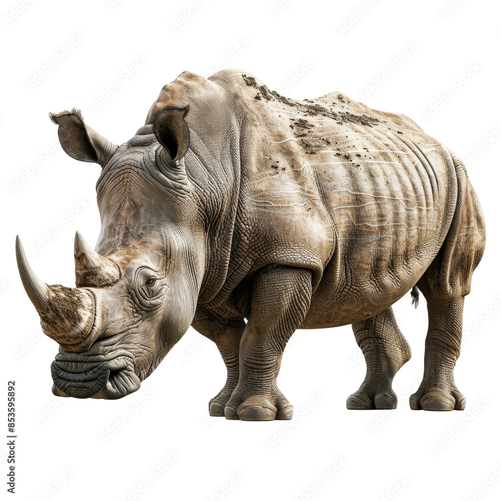 Fototapeta premium White rhinoceros standing with horn forward on transparent background clipart