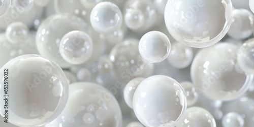 The image features white bubbles drifting in a serene, abstract gray space, creating a surreal scene