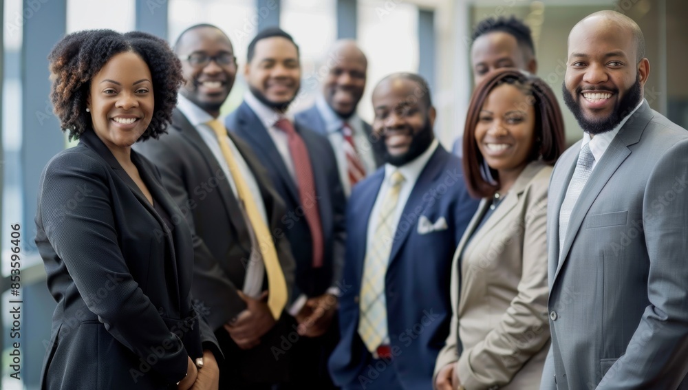 a group of diverse business people smiling and standing in front of the camera, african american man wearing black suit with red a group of diverse business people smiling and standing in front of the camera, african american man wearing black suit with red