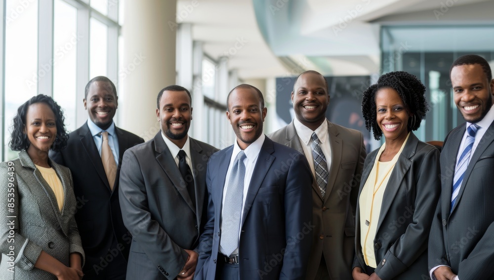 a group of diverse business people smiling and standing in front of the camera, african american man wearing black suit with red a group of diverse business people smiling and standing in front of the camera, african american man wearing black suit with red