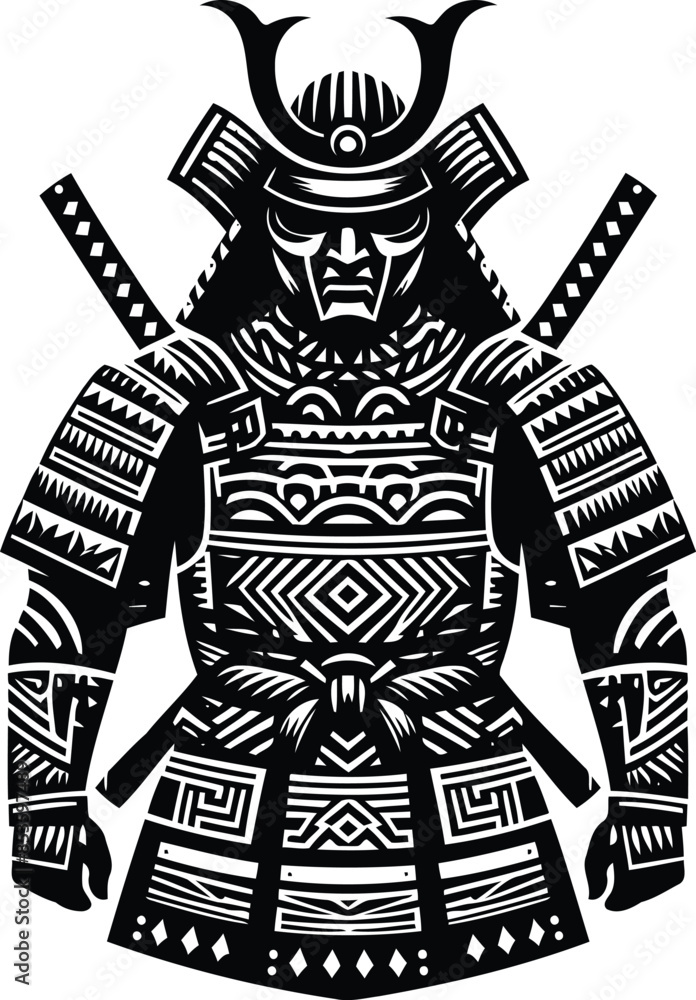 samurai silhouete with Polynesian ethnic pattern illustration samurai silhouete with Polynesian ethnic pattern illustration