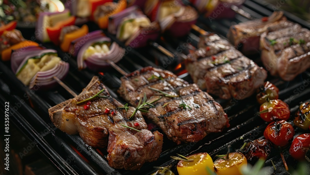 A close up of a grill with meat and vegetables on it A close up of a grill with meat and vegetables on it