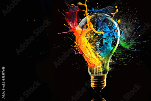 Exploding Light Bulb with Vibrant Paint Splashes on a Black Background
