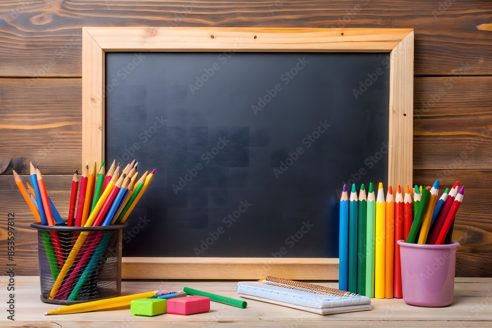 Fototapeta premium Back To School. Blackboard With Colorful Pencils And Other Supplies On Wooden Background.