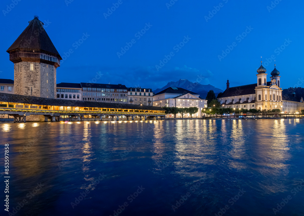 Chapel bridge with water tower at blue hour in Lucerne Chapel bridge with water tower at blue hour in Lucerne