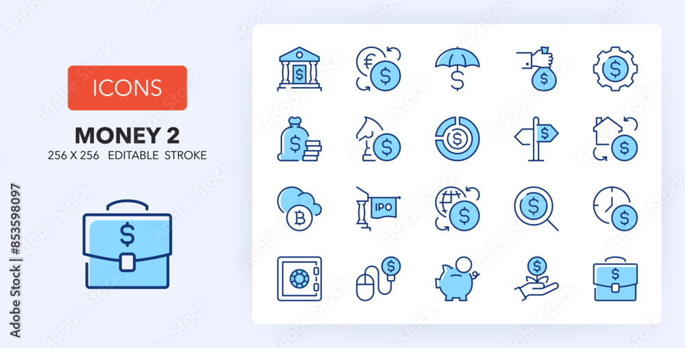 Line icons about money and banking. Contains such icons as IPO Initial Public Offering, investments, strategy and more. 256x256 Pixel Perfect editable in two colors. Set 2 of 3 Line icons about money and banking. Contains such icons as IPO Initial Public Offering, investments, strategy and more. 256x256 Pixel Perfect editable in two colors. Set 2 of 3