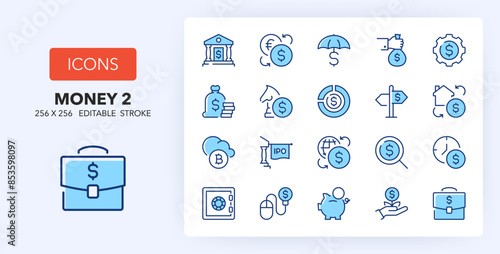 Line icons about money and banking. Contains such icons as IPO Initial Public Offering, investments, strategy and more. 256x256 Pixel Perfect editable in two colors. Set 2 of 3