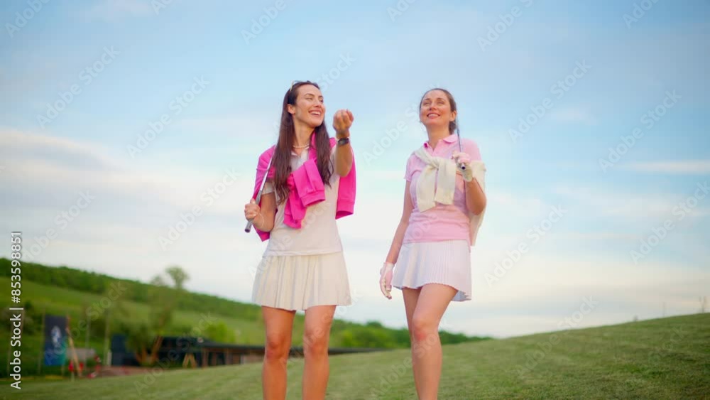 Two women in white and pink clothes playing with a white golf ball on the course Two women in white and pink clothes playing with a white golf ball on the course