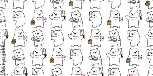 bear polar seamless pattern baseball bat ball sport vector black teddy pet doodle cartoon gift wrapping paper tile background repeat wallpaper illustration scarf isolated design