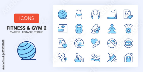 Line icons about fitness and gym. Contains such icons as nutritionist, personal trainer, body sculpture and more. 256x256 Pixel Perfect editable in two colors. Set 2 of 2