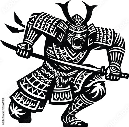  samurai silhouete with Polynesian ethnic pattern illustration