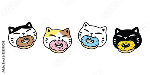 cat vector eating donut kitten calico neko bakery food bake icon pet cartoon character munchkin illustration symbol isolated