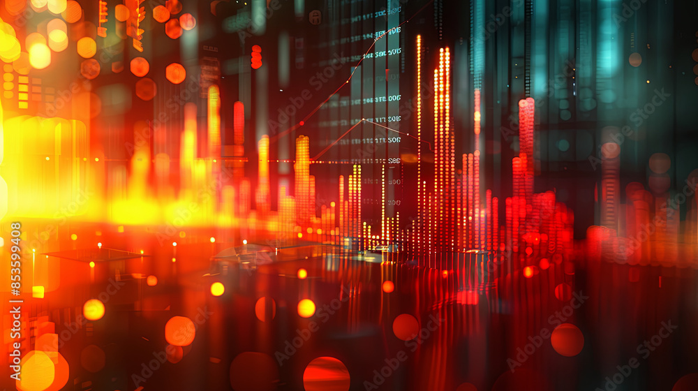 Fototapeta premium Numerous charts and graphs with reflections of light and flare, portraying the concept of gathering data and statistical analysis