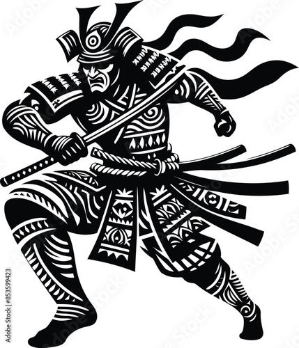  samurai silhouete with Polynesian ethnic pattern illustration
