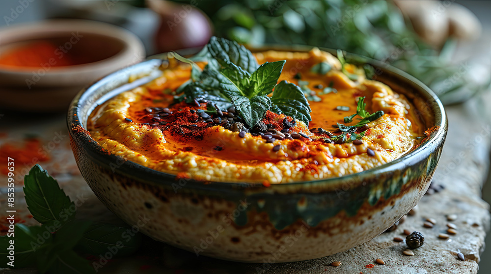 Healthy Homemade Creamy Hummus In Ceramic Bowl On Blurry Background Healthy Homemade Creamy Hummus In Ceramic Bowl On Blurry Background
