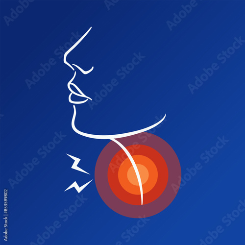 A sore throat. Woman silhouette throat irritation, sore throat, flu symptoms, health problems. Medical brochure template. Vector illustration, human head